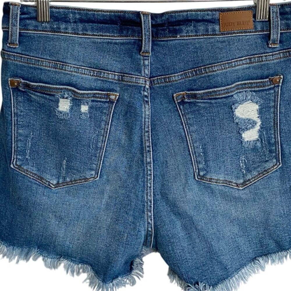 Judy Blue Medium Wash Distressed Jean Shorts with Sun Embroidery - Picture 8 of 13